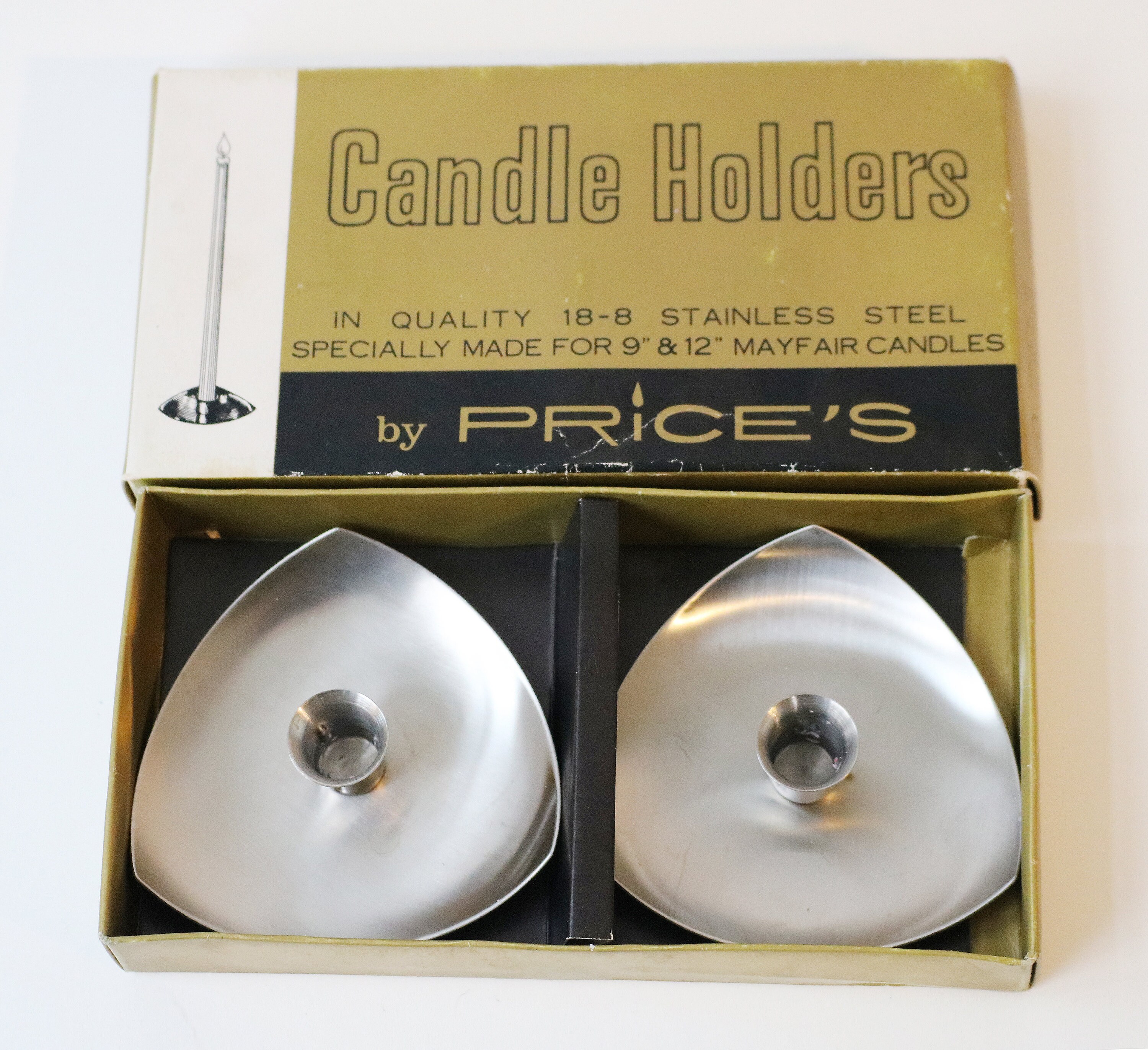 Stainless steel candle holders by Price 70s boxed small size for