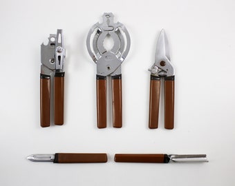 1970s Brabantia kitchen tools - brown moulded plastic handles