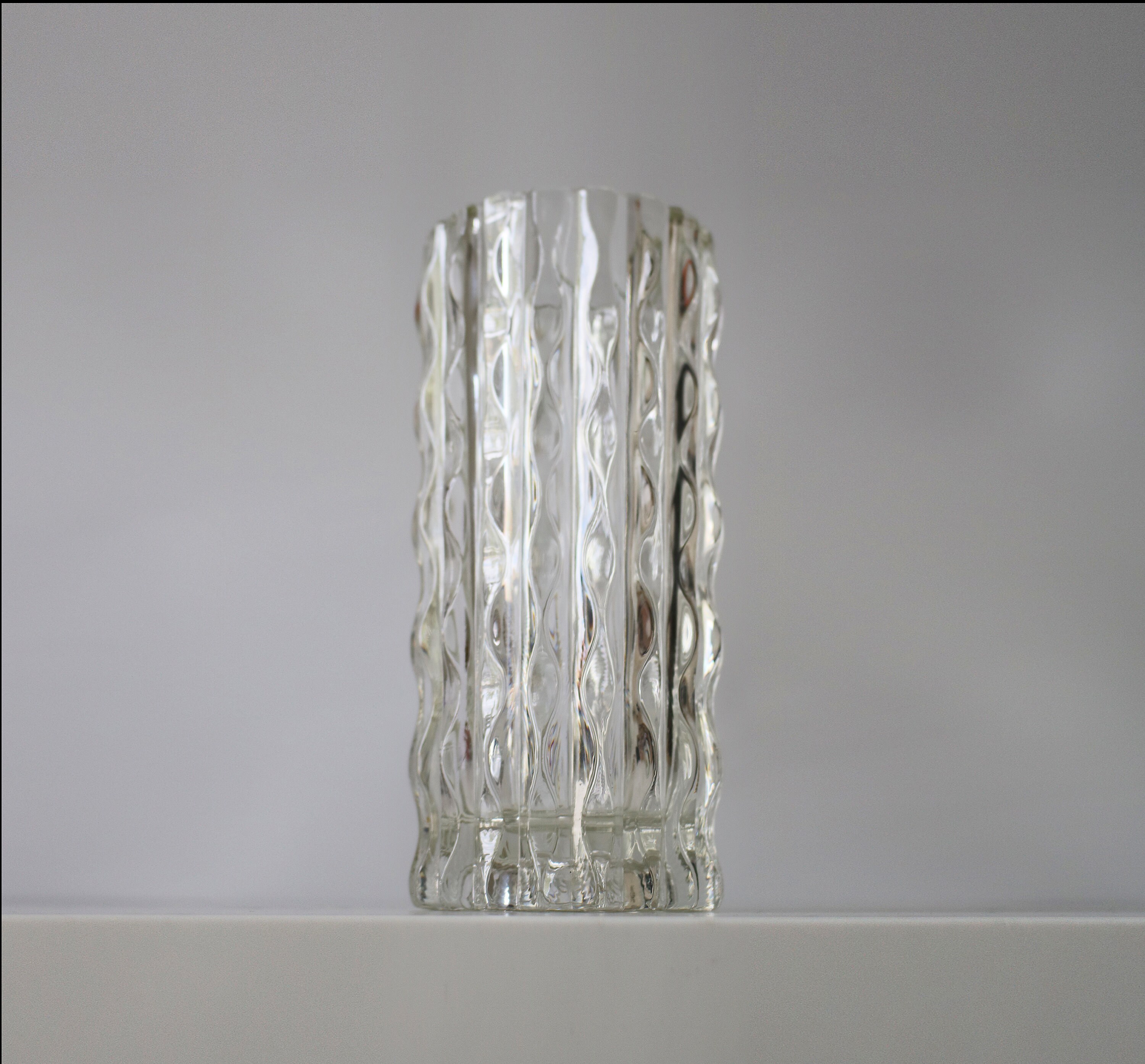 Italian Pressed Glass Vase By Fidenza Vetraria Modernist Vertical Wave Design Marked Italy And Star Logo