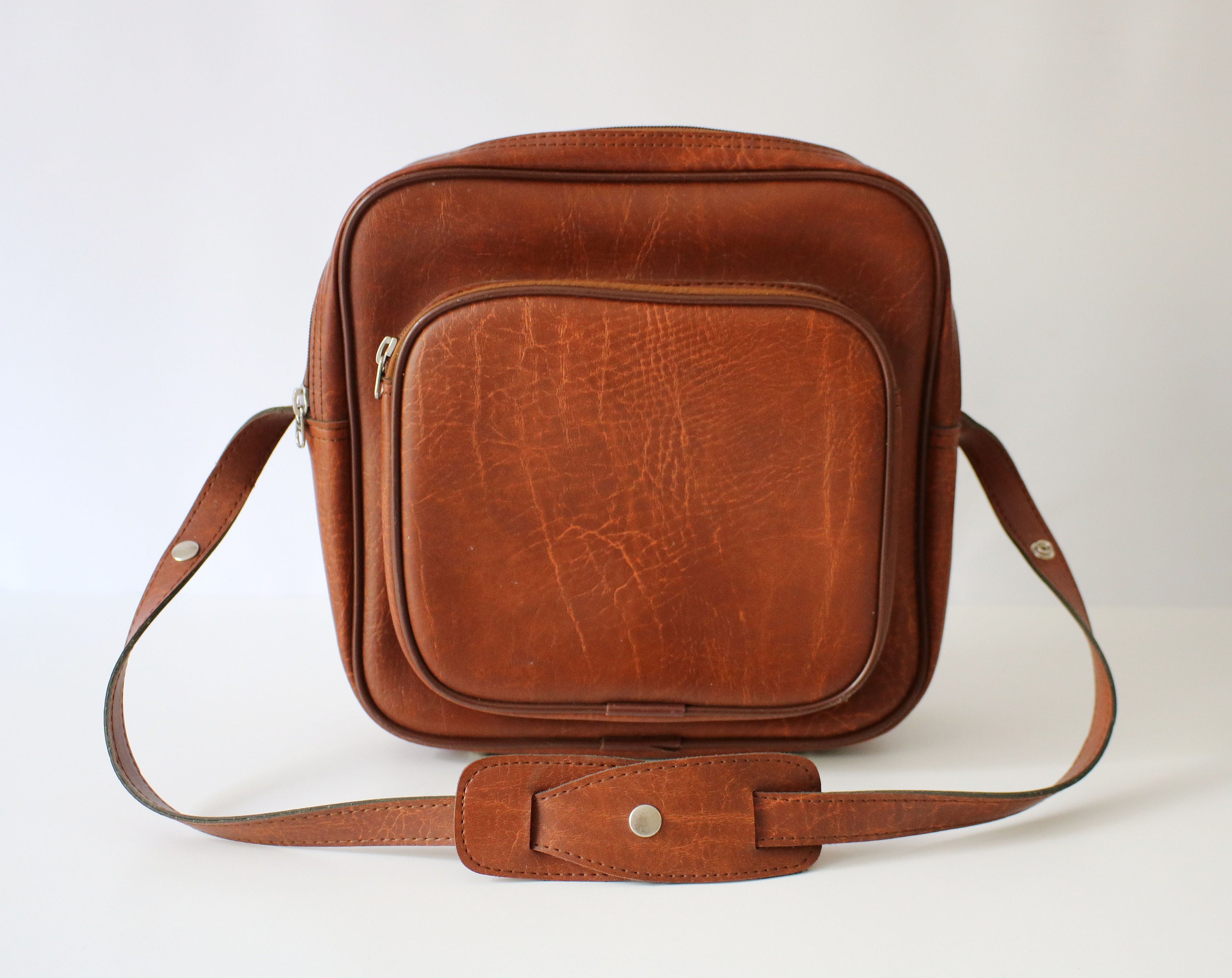 60s /1970s tan brown faux leather soft shell overnight suitcase set ...