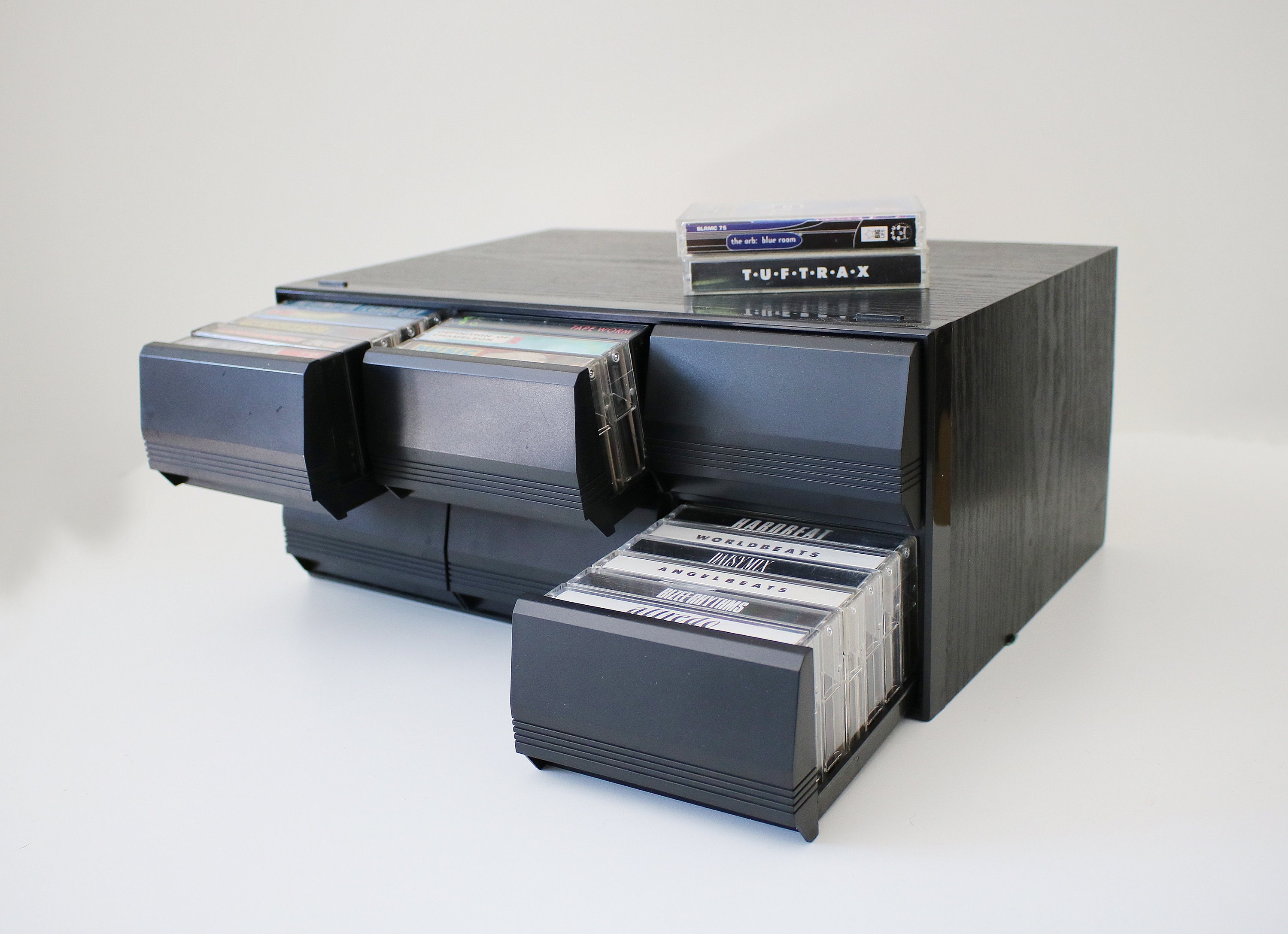 1980s black ash 6 drawer cassette tape storage unit / boxes