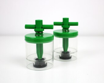 Danish 1970s / 80s salt and pepper grinder set by Bodum - clear lucite and green plastic - rare cruet