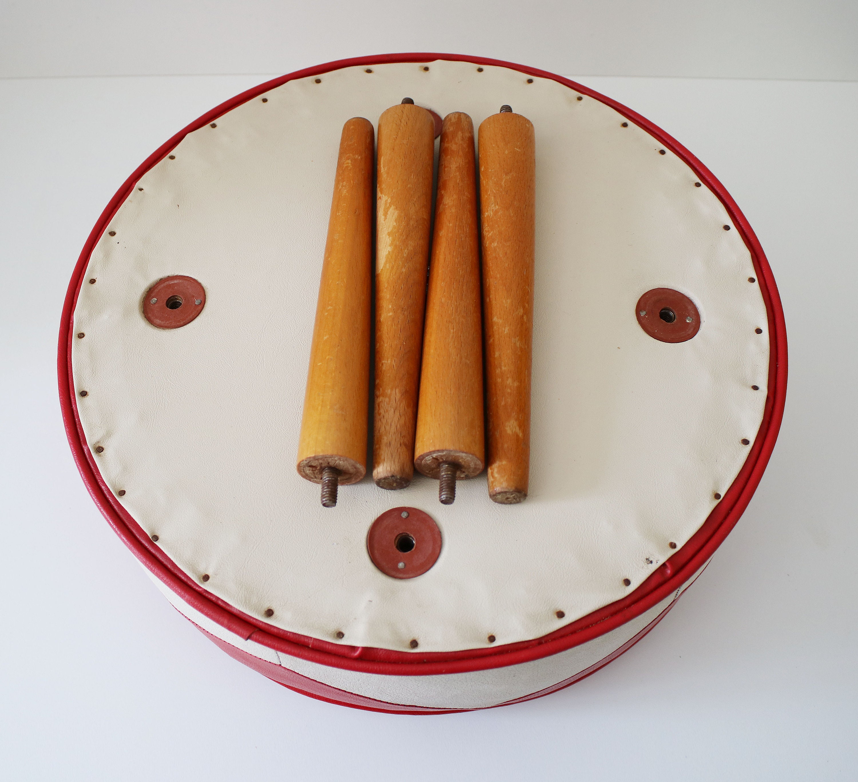 1950s 60s vinyl pouffe / stool on tapered teak legs atomic legs star