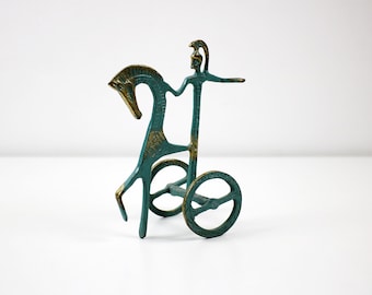 Vintage ancient Greek, horse and chariot / etruscan horses - Weinberg style abstract brass with green patina paint effect