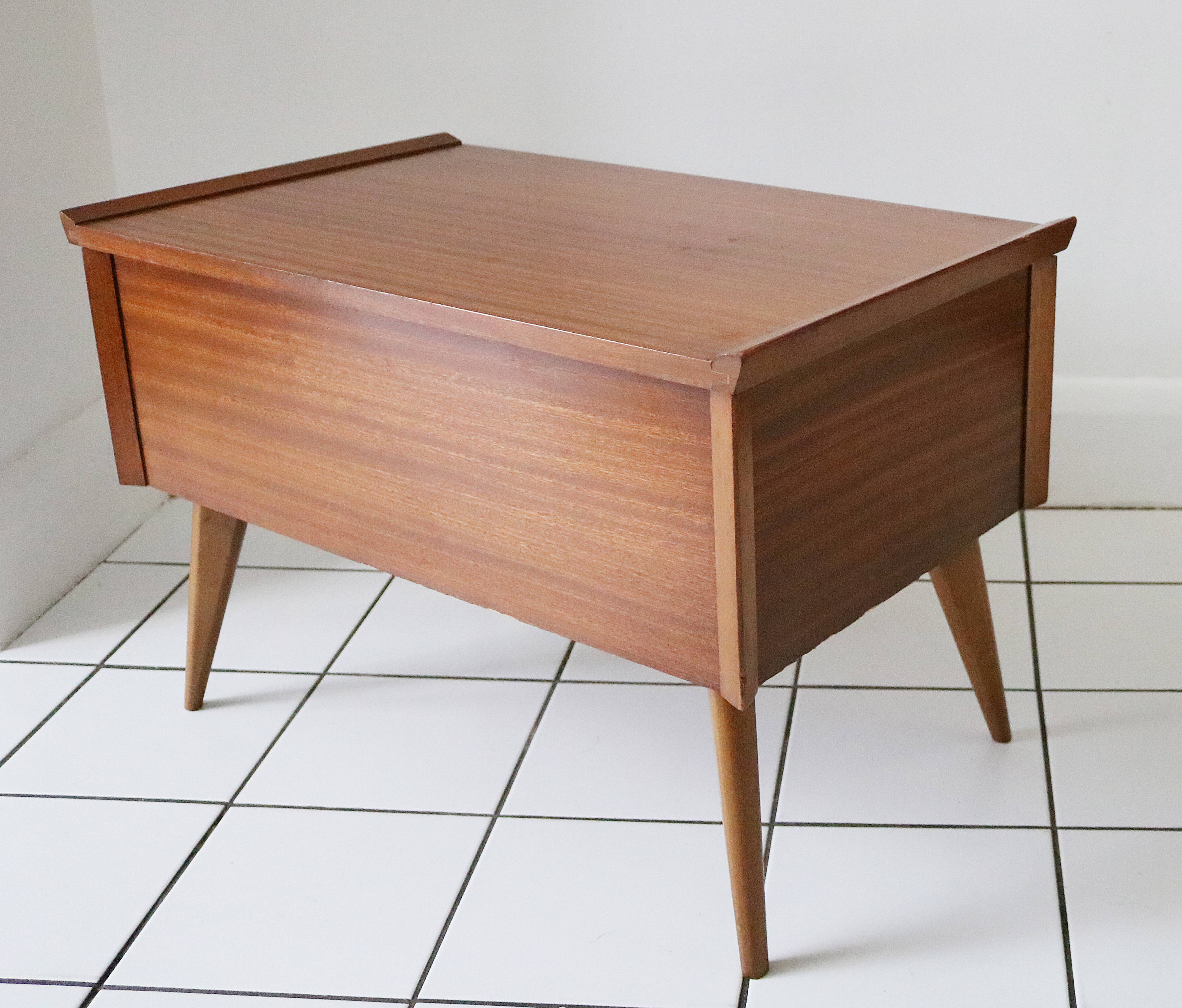 Mid century sewing box by Arnold with atomic legs and tray
