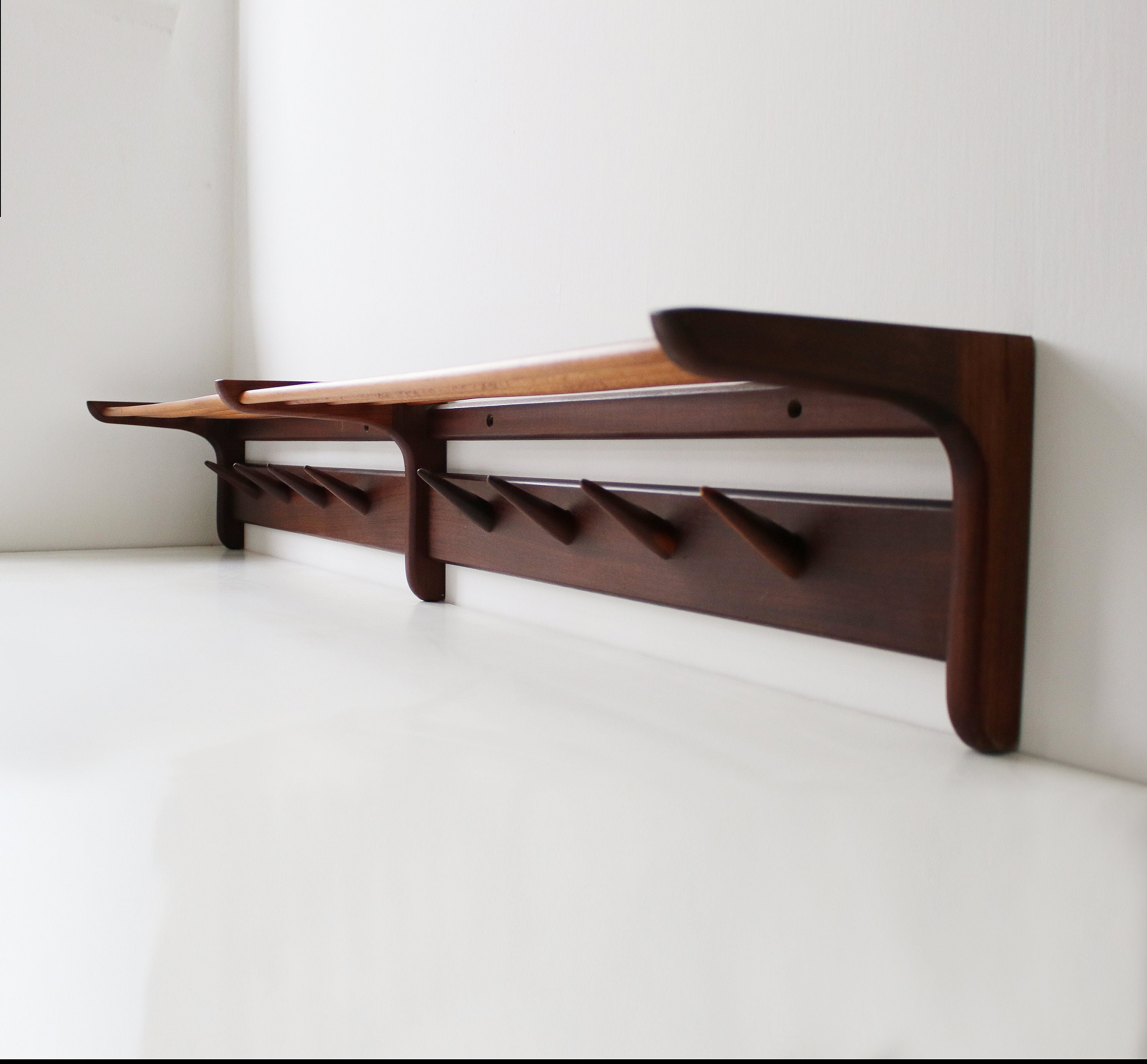 Mid century Danish solid teak and beech coat hooks and hat rack