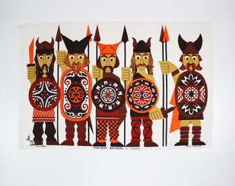 Fab 'Ancient Britons' tea towel / fabric art by Ulster - Mid century design - 1970s unused