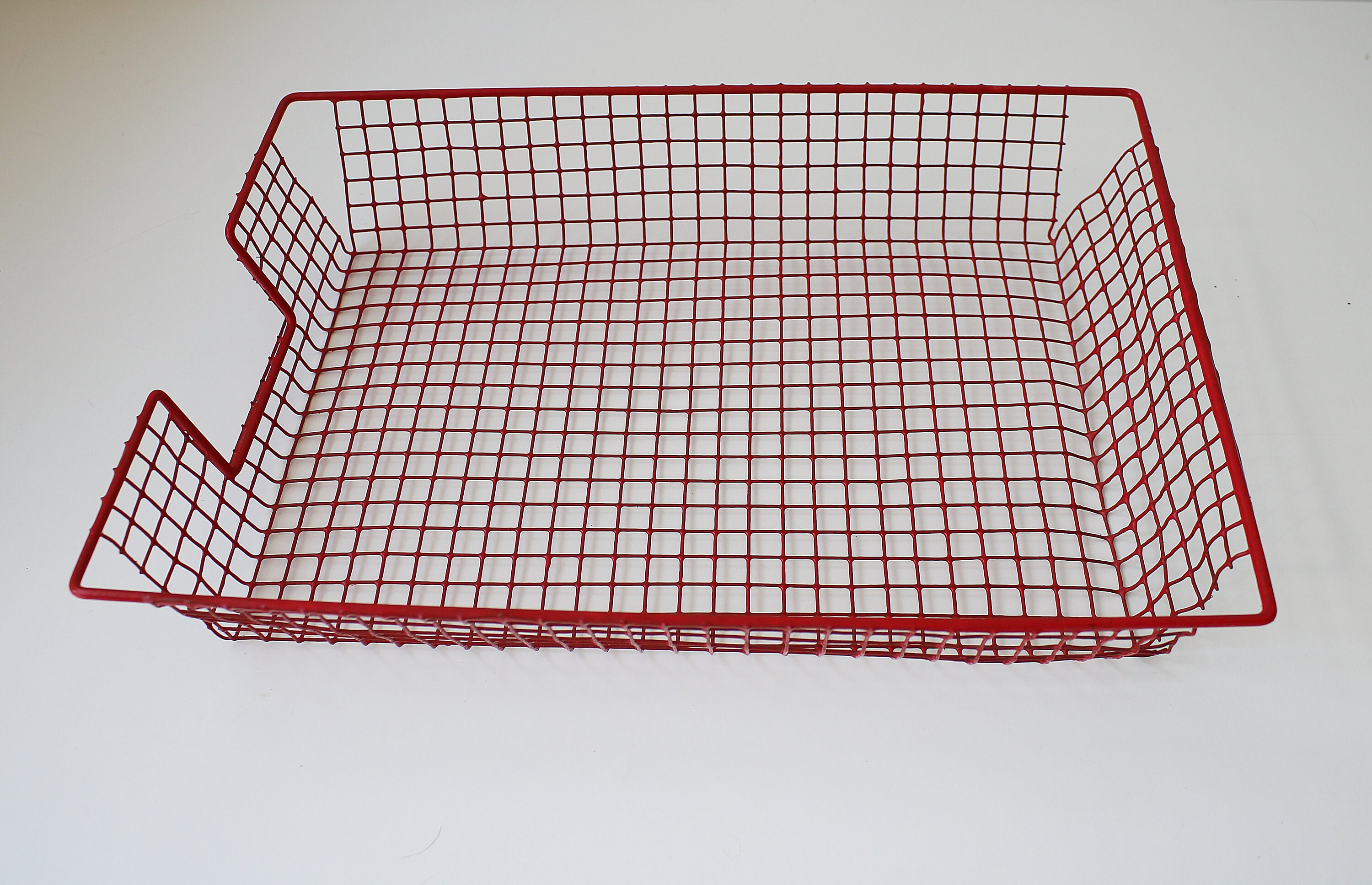 Vintage red wire square grid metal filing tray A4 paper tray / desk
