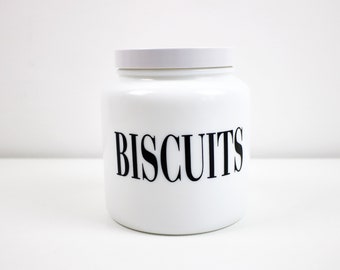 1980s white milk glass biscuits canister / jar with screw top lid - made by Candlelight Glass England