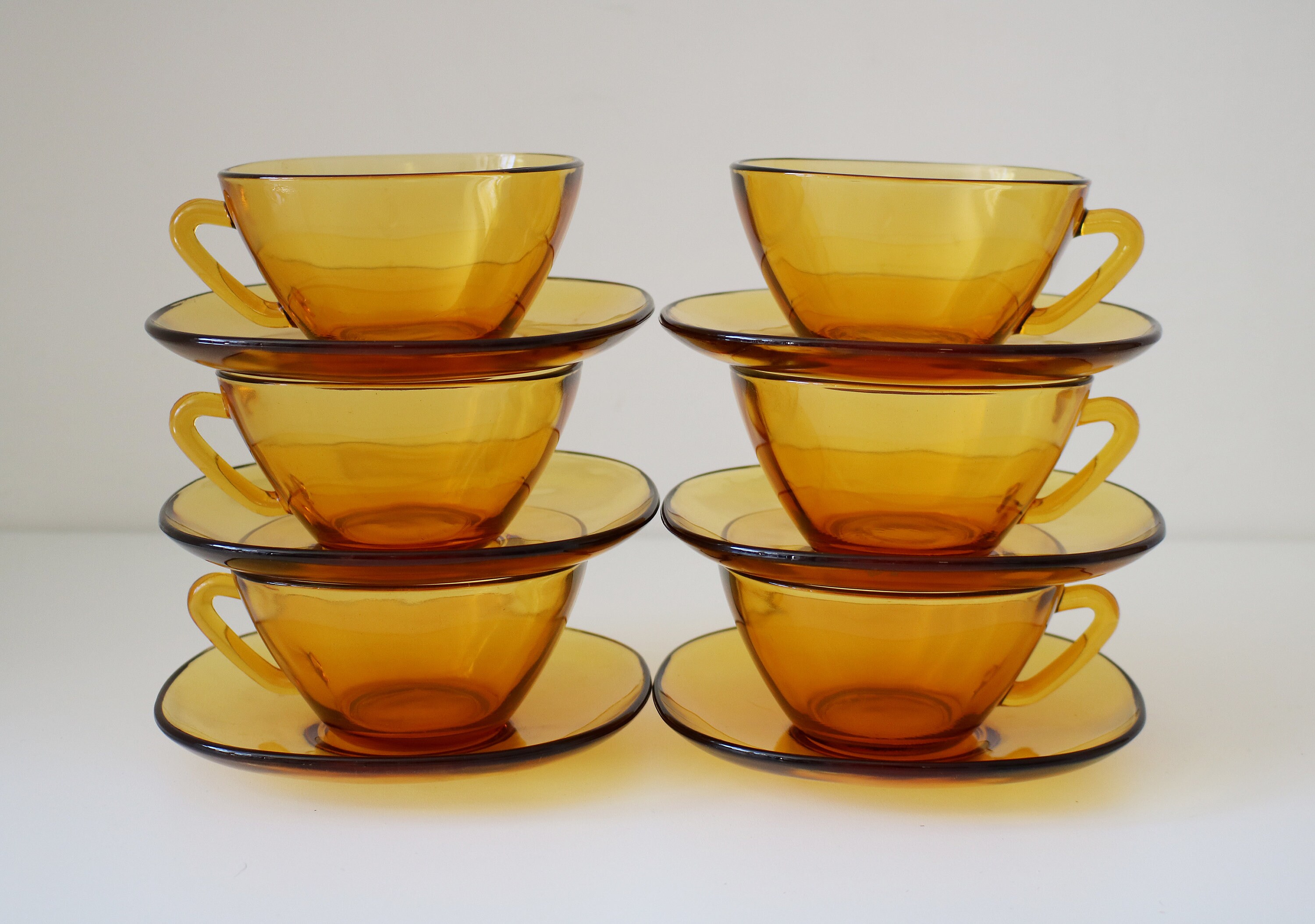 Set of 6 large amber glass teacups with saucers by Vereco of France
