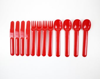 Bodum 1980s / 90s modernist picnic flatware set for 4 - red plastic space age as seen on Star Trek