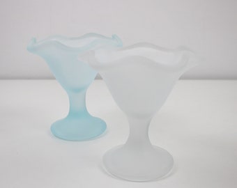 Italian frosted glass ice cream / sundae glass dish. Individual 1980s dishes in white or blue 6 available