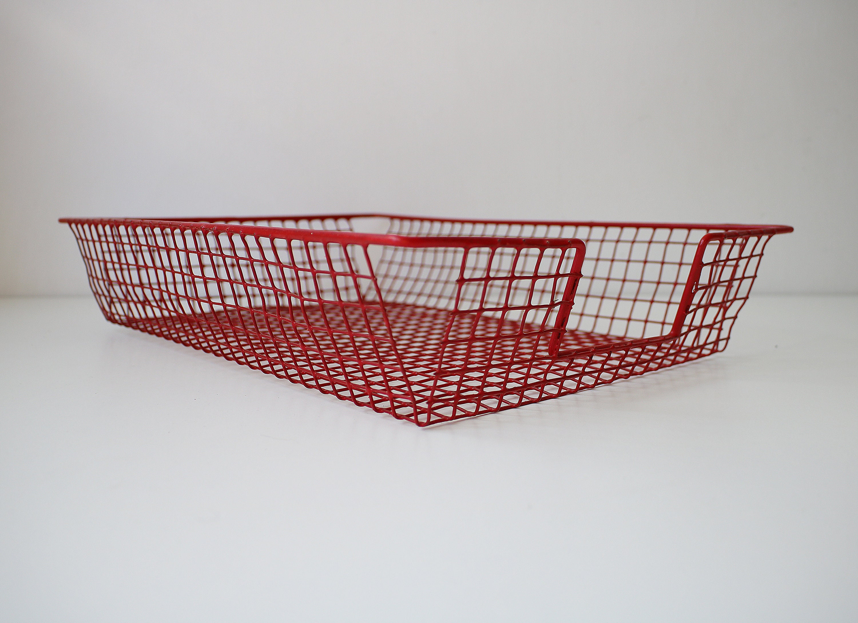 Vintage red wire square grid metal filing tray A4 paper tray / desk