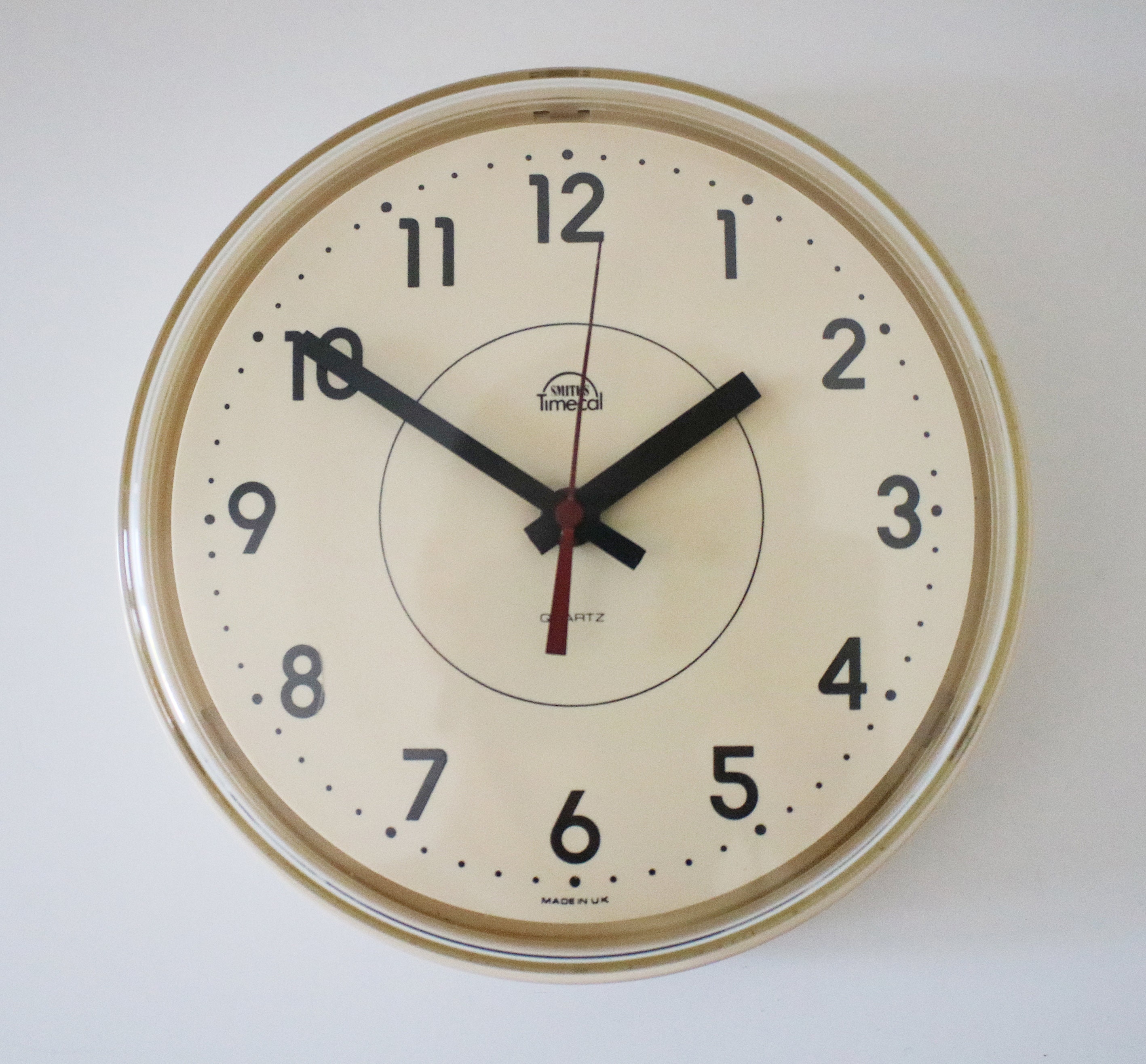 1970s Smiths Timecal pale cream plastic wall clock with original quartz