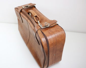 1970s large softshell suitcase - brown tan faux vinyl with fabric lining zip and buckles - retro wedding storage