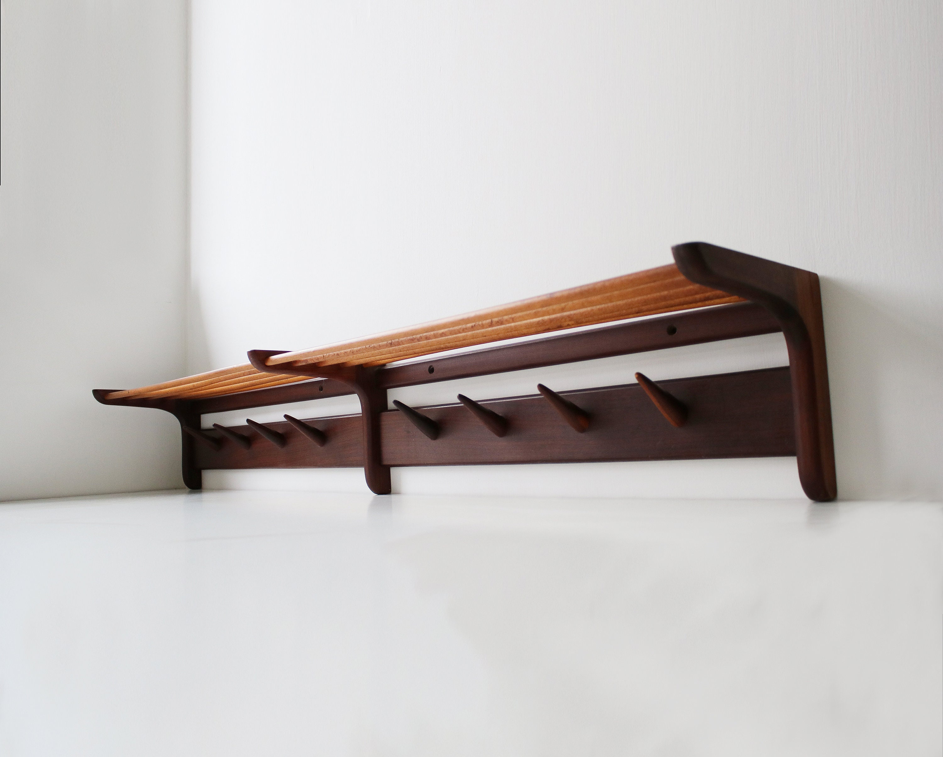 Mid century Danish solid teak and beech coat hooks and hat rack