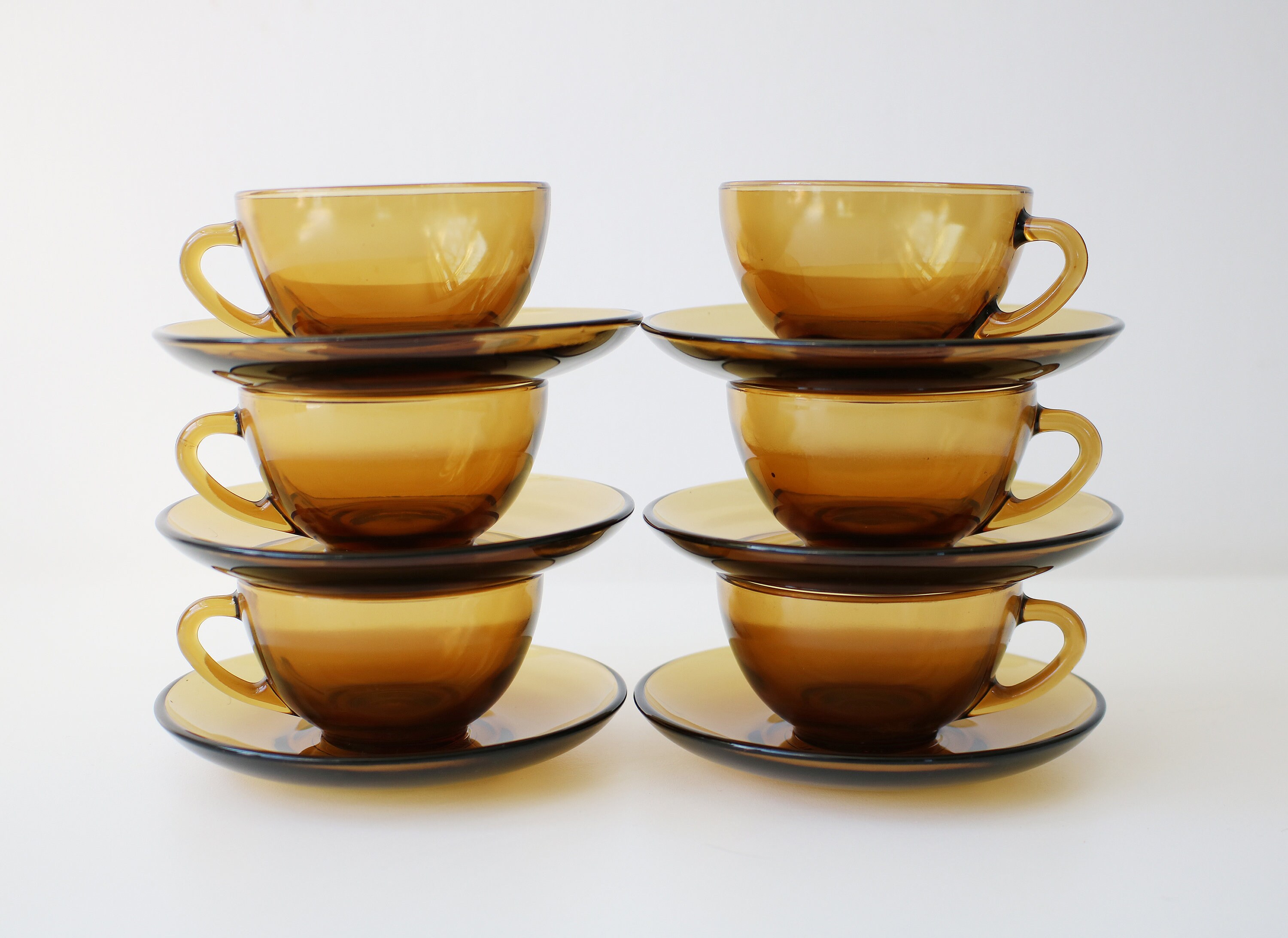 Set of 6 Arcopal coffee / demitasse espresso cups and saucers in smoked