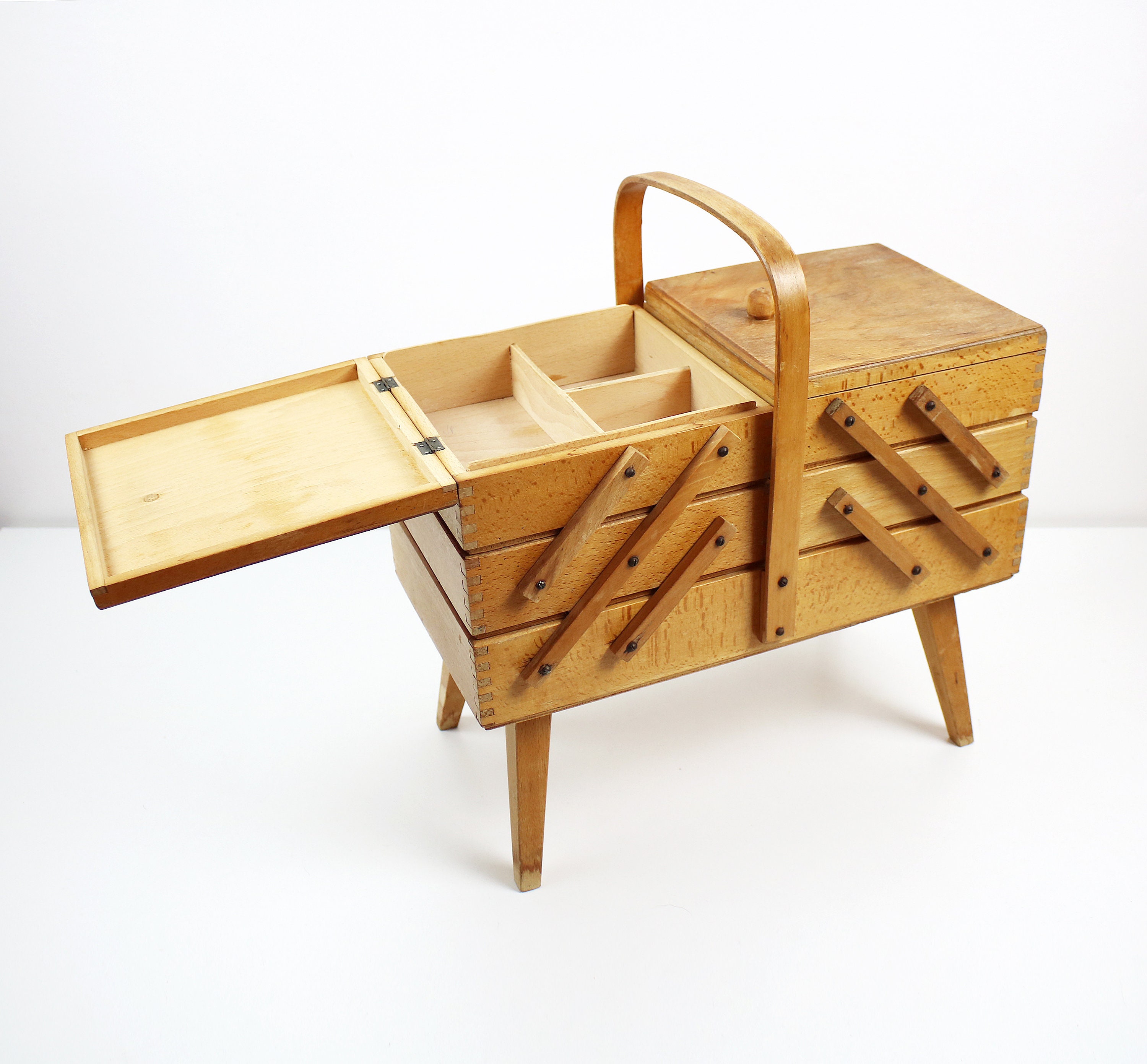 1980s wooden cantilever sewing box jewellery makeup storage on sputnik