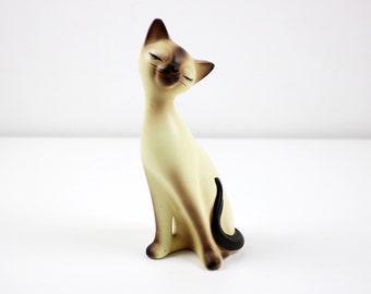 Cute vintage Siamese cat figurine glazed ceramic