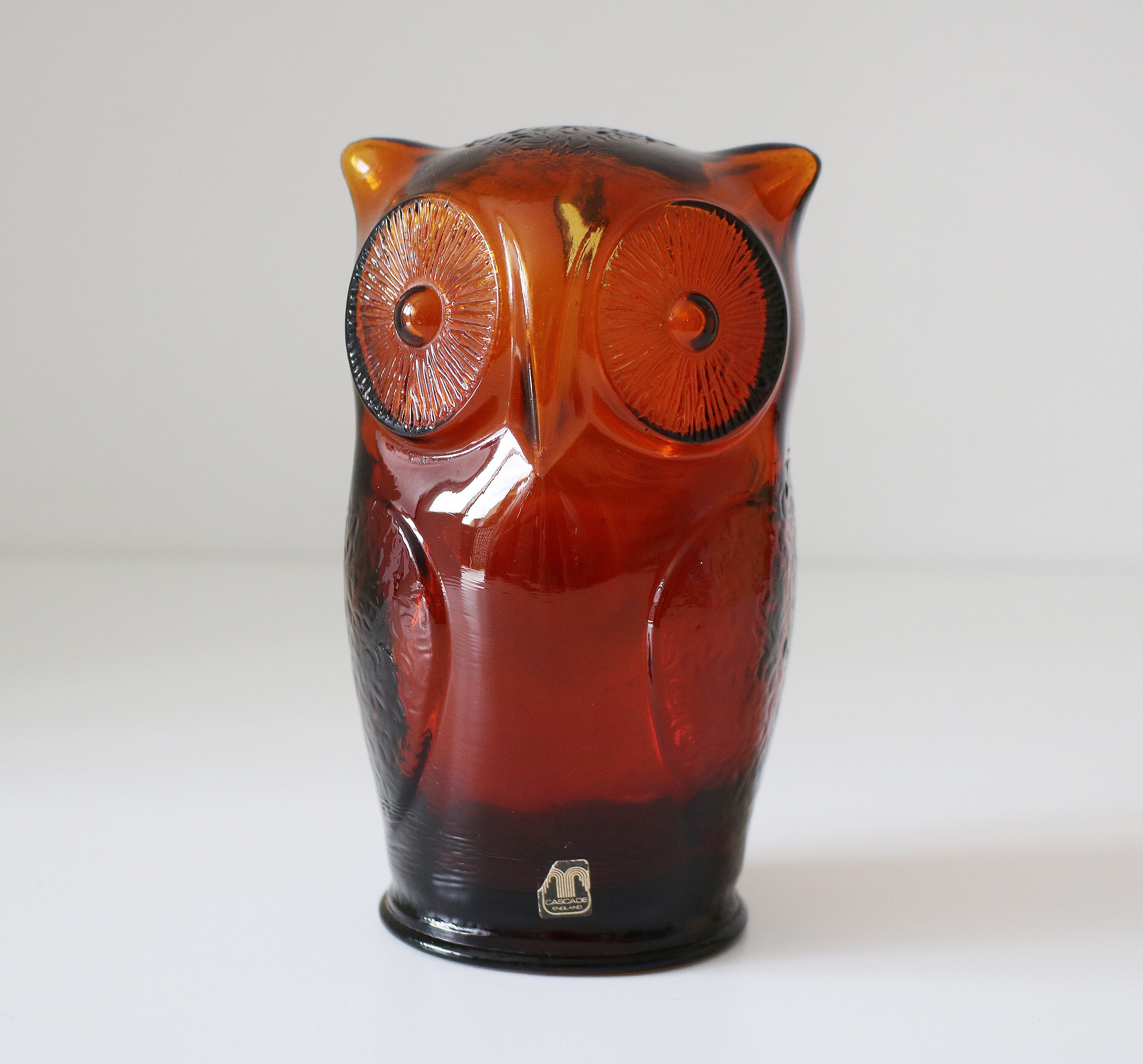 Cascade 1960s 70s amber glass owl money box savings bank