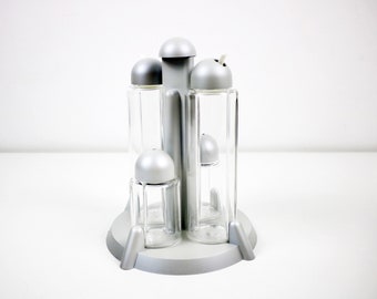 Ambrogio Rossari silver metallic plastic and clear lucite cruet set - 80s 90s Luna Guzzini - 5 piece space age set