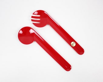 Rare post modern acrylic salad servers in bright red - Luna by Guzzini Italy. Unused stock