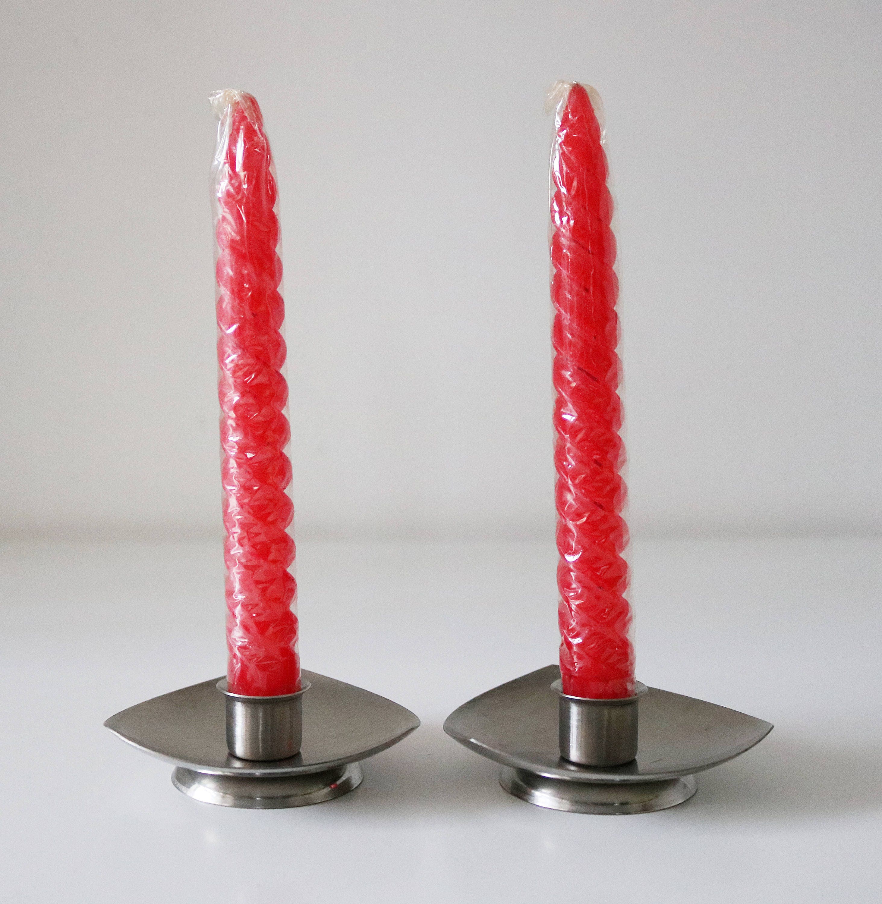 60s 70s modernist stainless steel candle set with 2 holders and 2