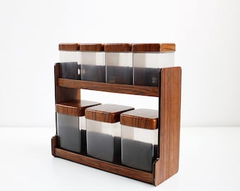 Italian Caleppio teak effect shelf and storage containers in tinted plastic 1960s 70s