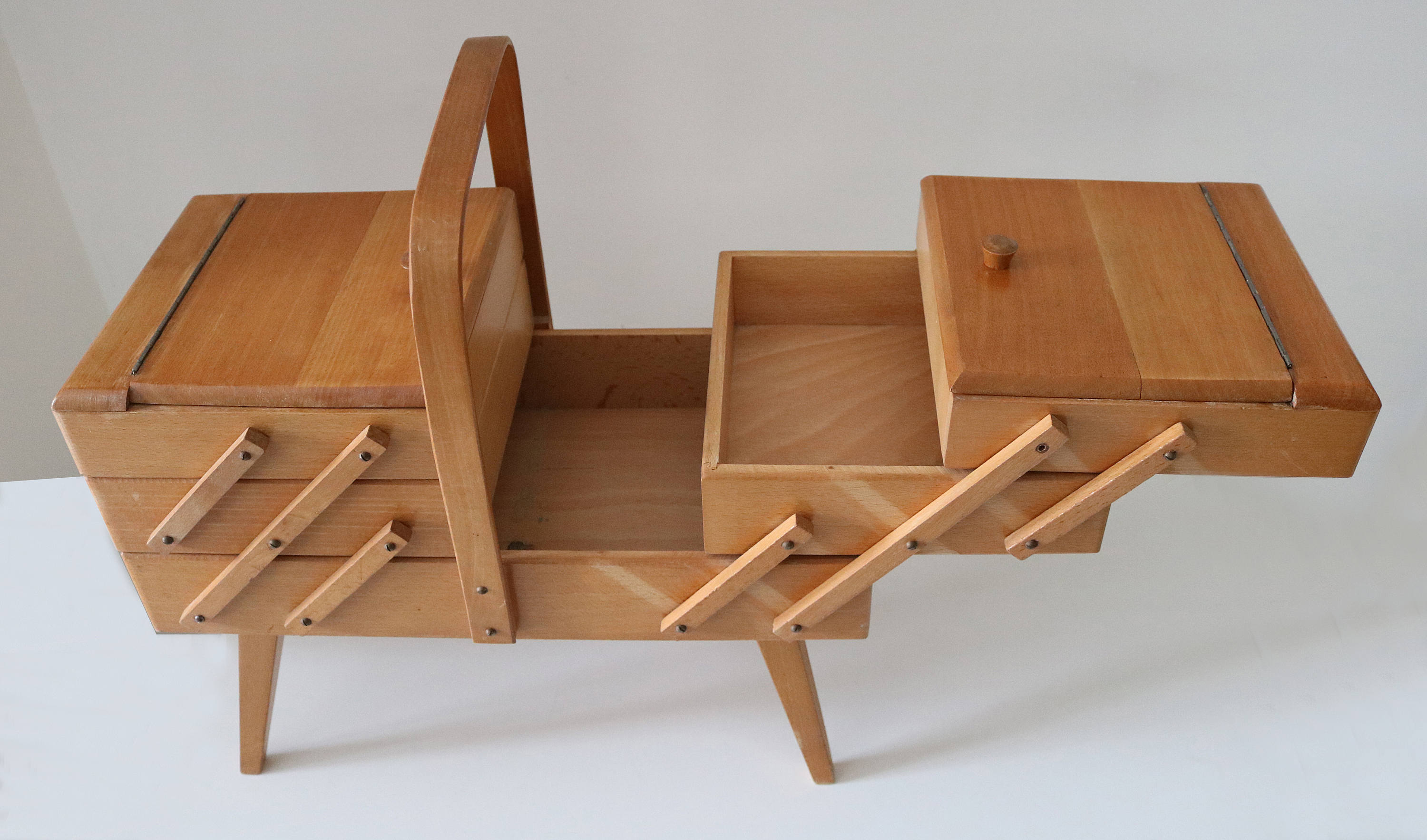 1970s wooden cantilever sewing box jewellery make-up storage on legs