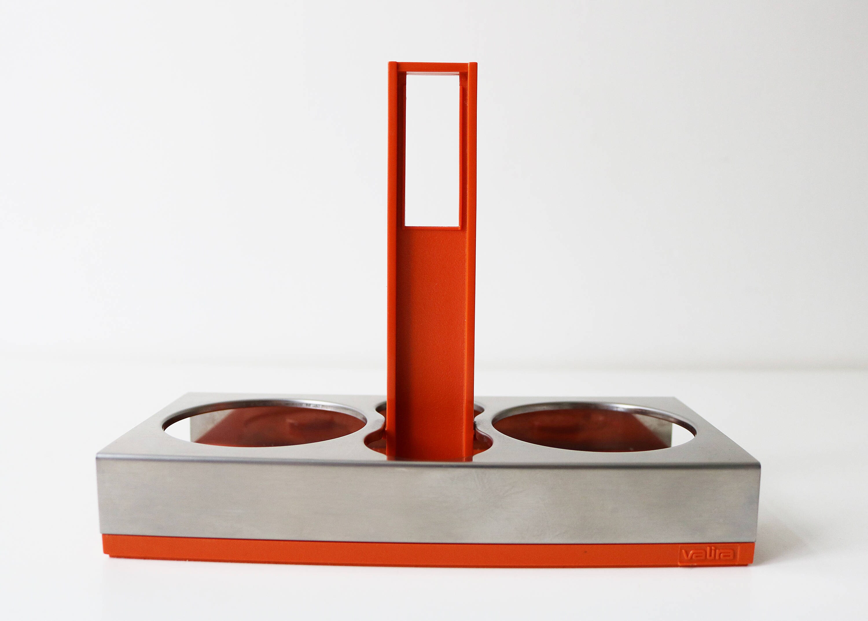 1970s 5 piece cruet set by Valira Spain orange plastic and glass