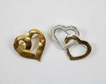 Monet OR Napier heart brooch. Gold / silver tone / rhinestone. Signed double heart or single heart