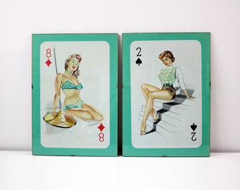 1980s pair of original pencil drawings of 50s pin up playing cards signed by artist - in original clip frames