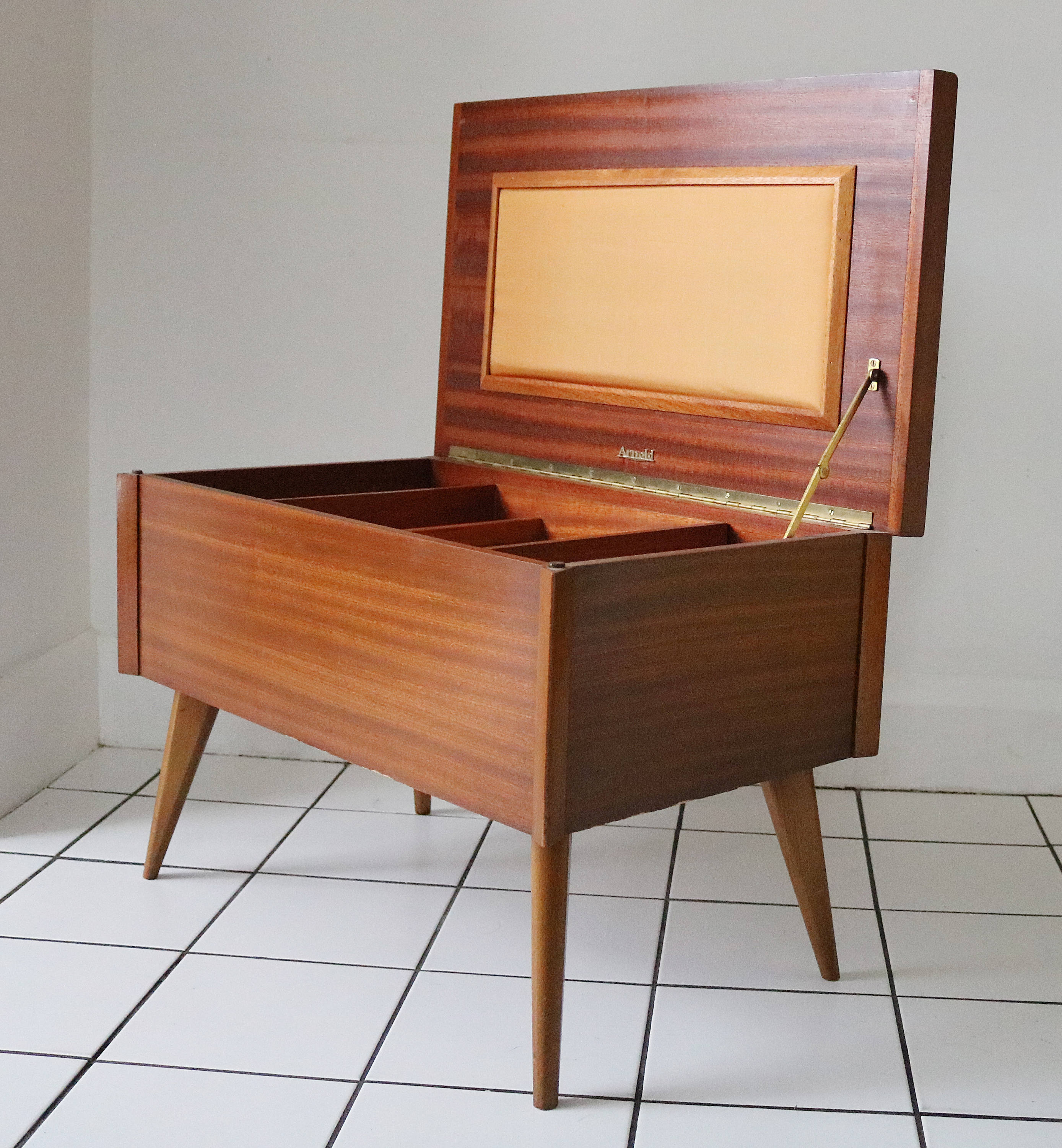 Mid century sewing box by Arnold with atomic legs and tray