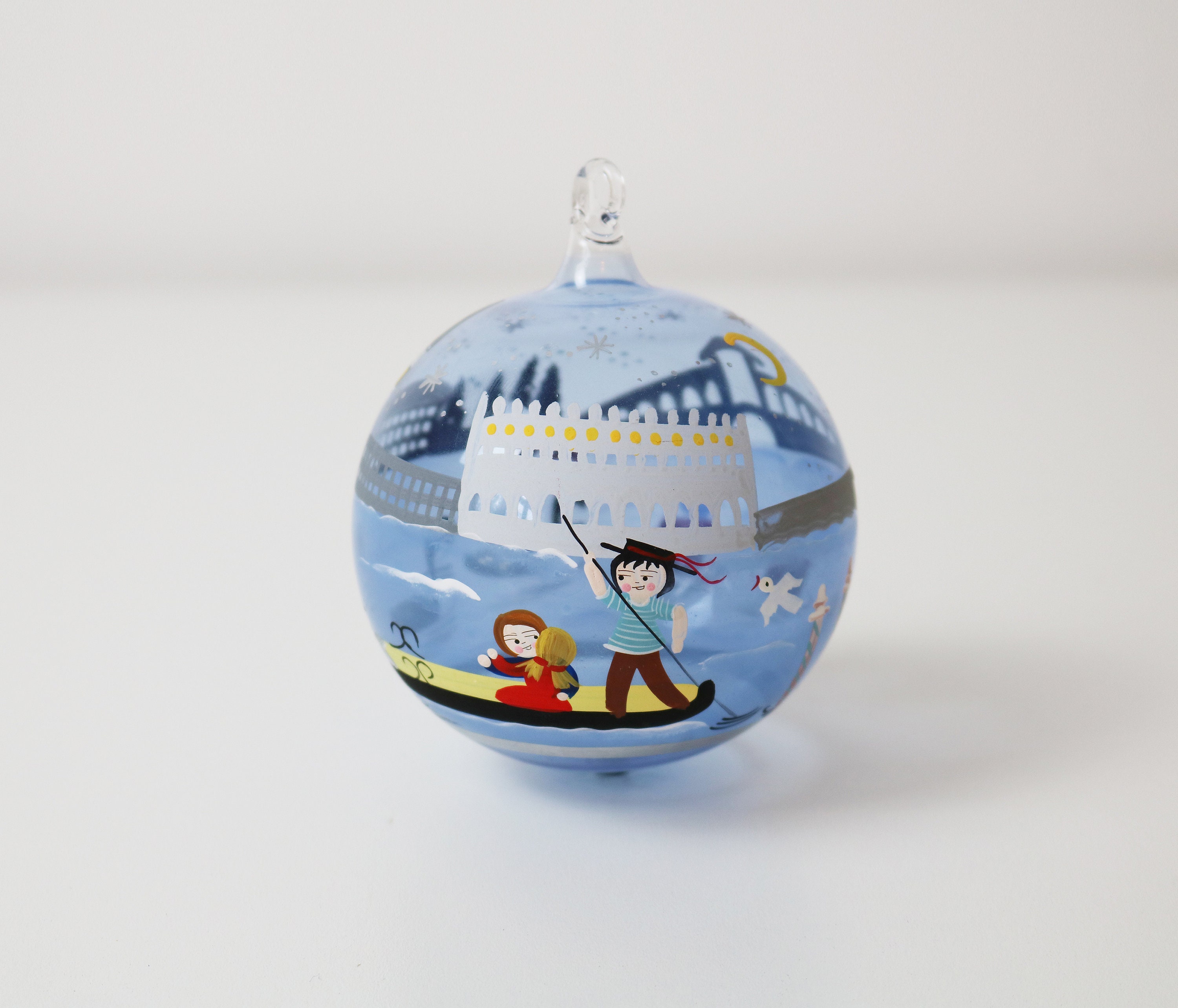 Hand painted blown glass Christmas bauble with Venice scenes signed