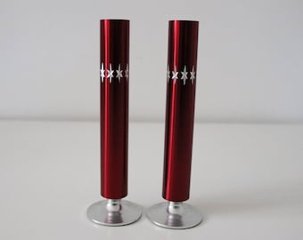Pair of Conrah red and silver aluminium cristillium bud vases