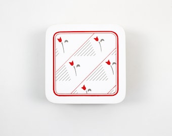 Set of 1980s red and white melamine cork backed coasters Red Tulip by BHS - British Home Stores