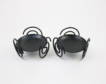 Pair of postmodern spiral swirl pillar candle holders - black painted metal