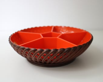 Mid century Emsa chip n dip party serving bowl in faux rattan and orange plastic - West Germany