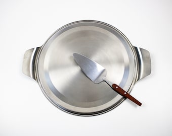 Boxed stainless steel and rosewood cake and pie plate with server set - 1970s modernist - boxed