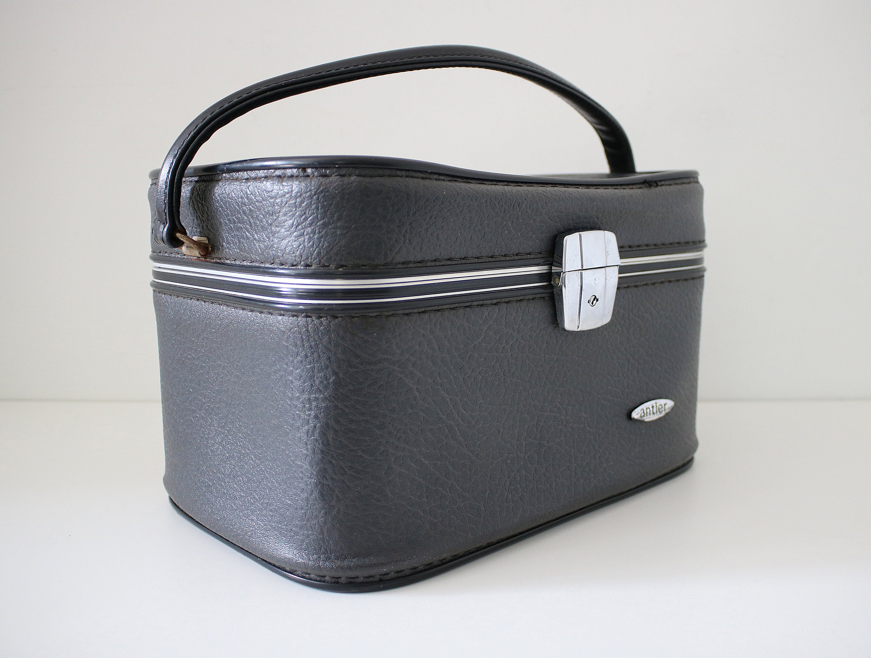 Antler train case / vanity cosmetics bag in black faux leather and