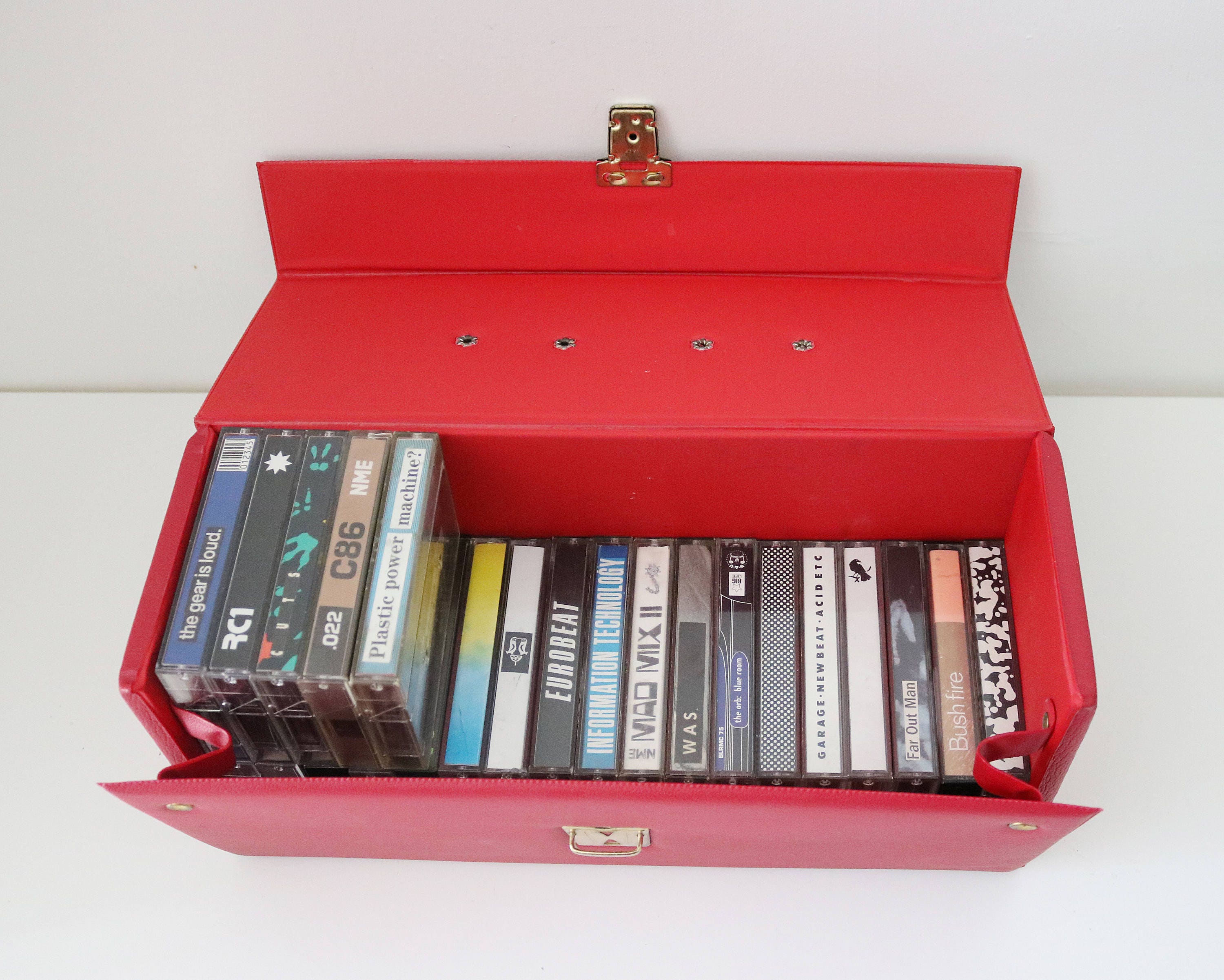 70s 80s Red vinyl cassette carry case jewellery, cosmetics, makeup