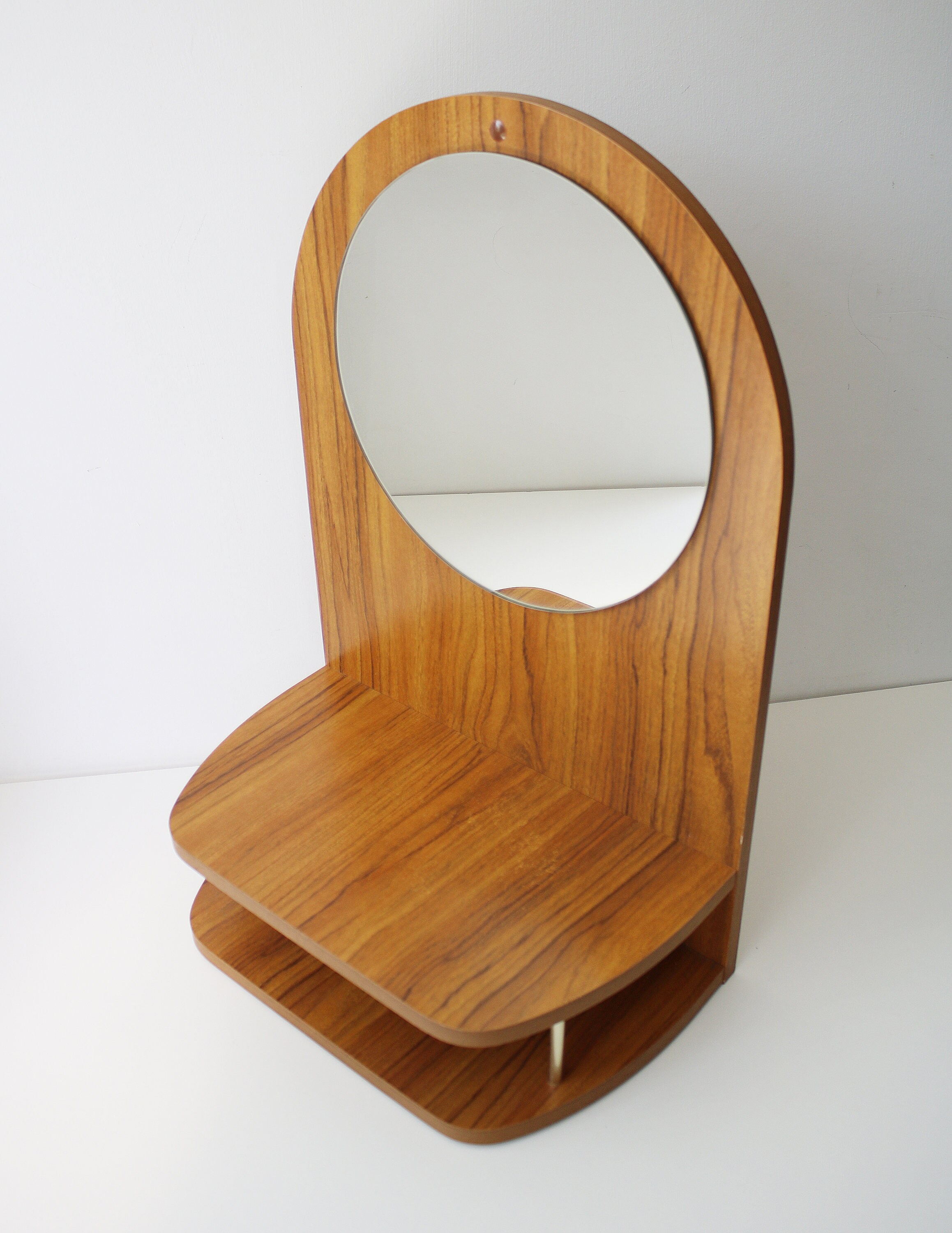 1960s 70s Hallway vanity shelf unit with circular mirror teak effect laminate veneer