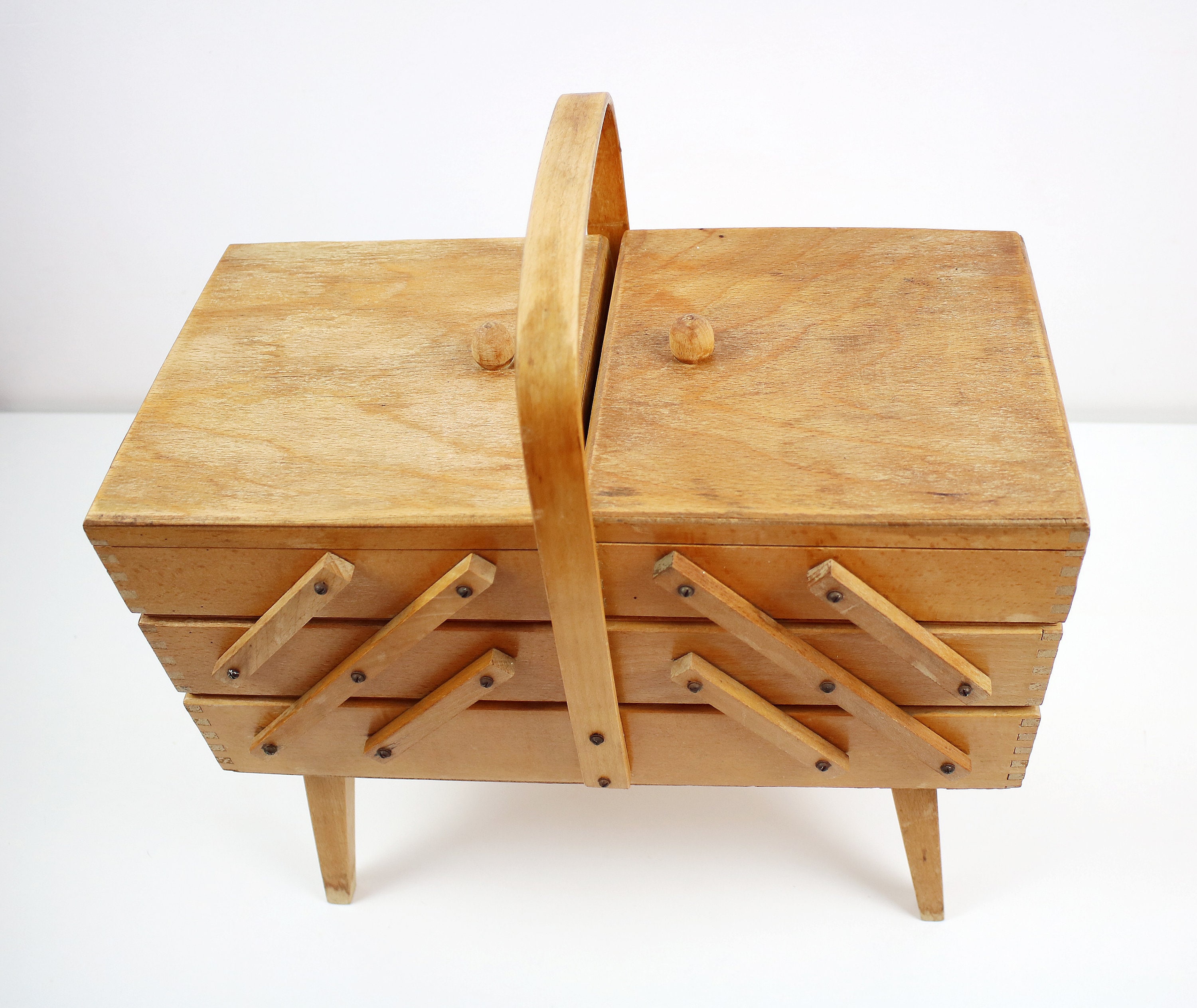 1980s wooden cantilever sewing box jewellery makeup storage on sputnik