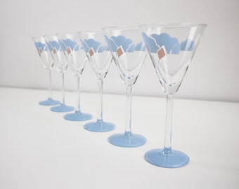 Set of 6 1980s pastel blue and pink kites and clouds cocktail glasses