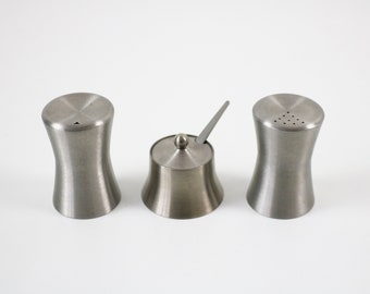 Modernist brushed steel cruet salt, pepper and mustard set with original spoon by Chichester 60s 70s