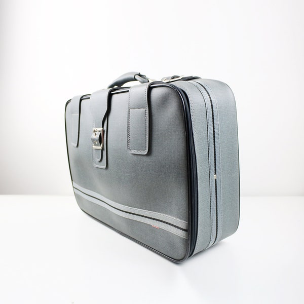 Large soft shell suitcase in blue-grey textured vinyl mid-late 20th century