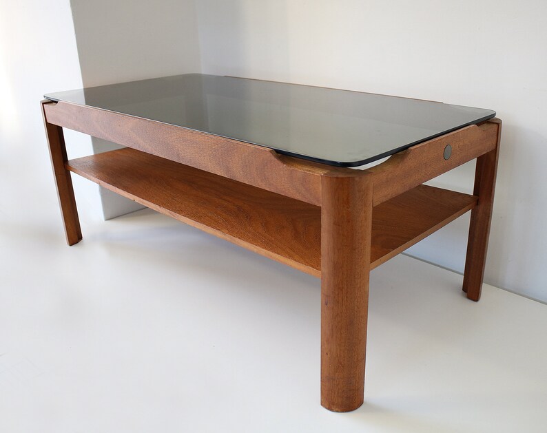 Myer 1960s 70s Teak Coffee Table With Smoked Glass Top And Image 0