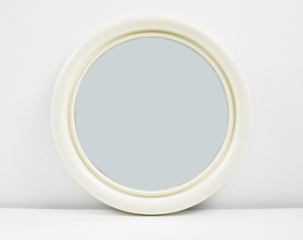 1970s cream / white heavy quality plastic space age modernist wall mirror - round circular