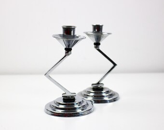 Art Deco rare zigzag candlestick pair - chrome with black detail - modernist and postmodern aesthetic - see condition