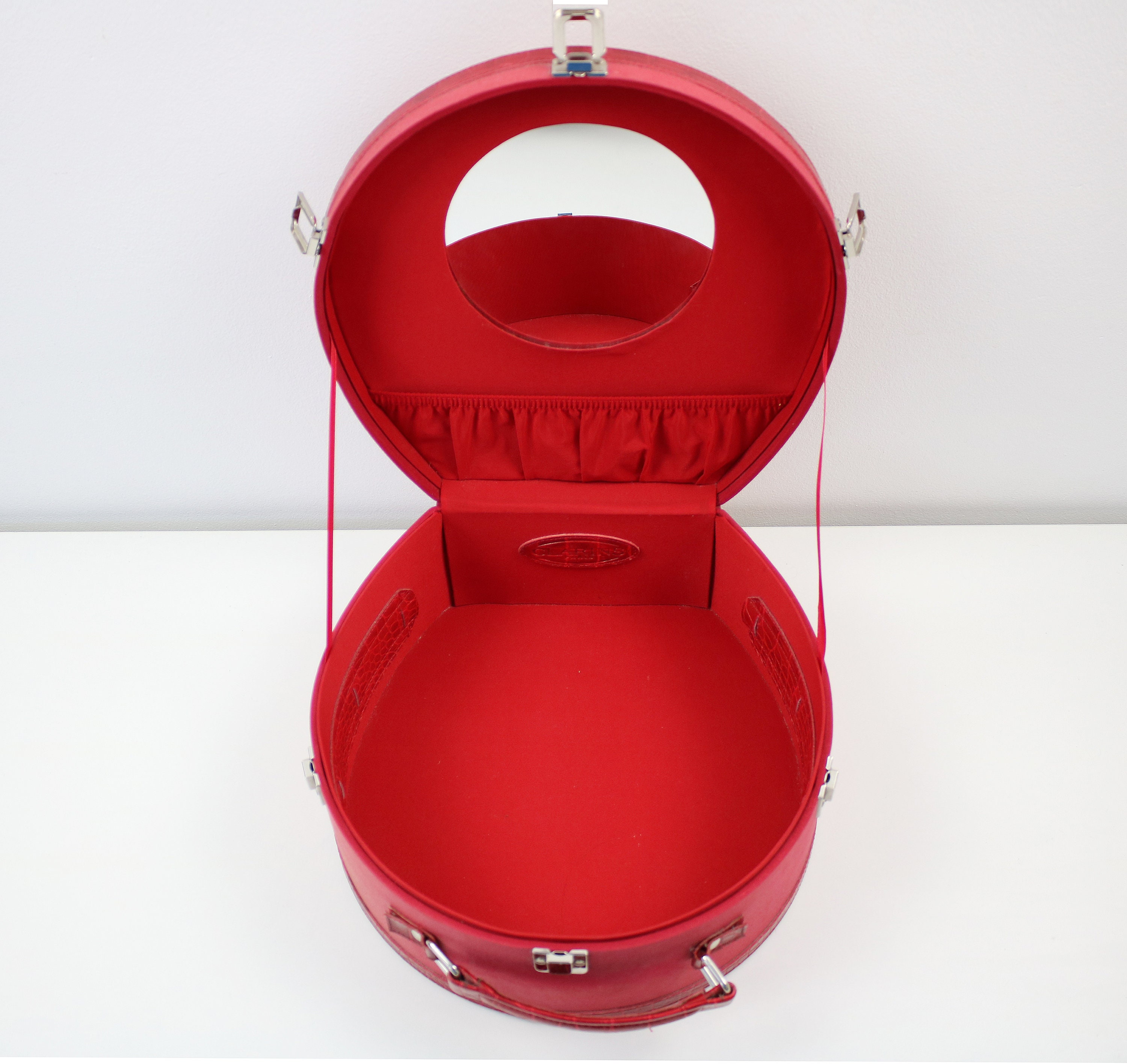 Clarins vintage style vanity case in red fabric and mock croc - storage,  makeup, keepsake box, travel.